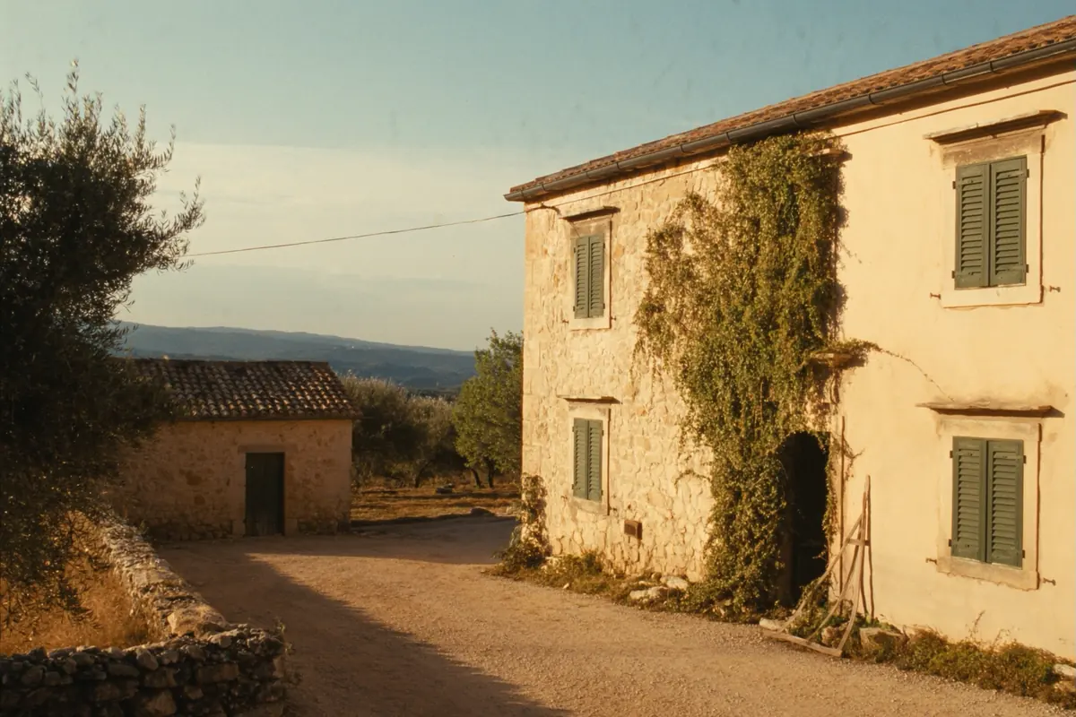 The stone farmhouse and its vine-covered doorway