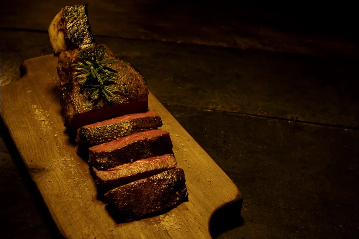 Grilled Fiorentina steak rested and sliced